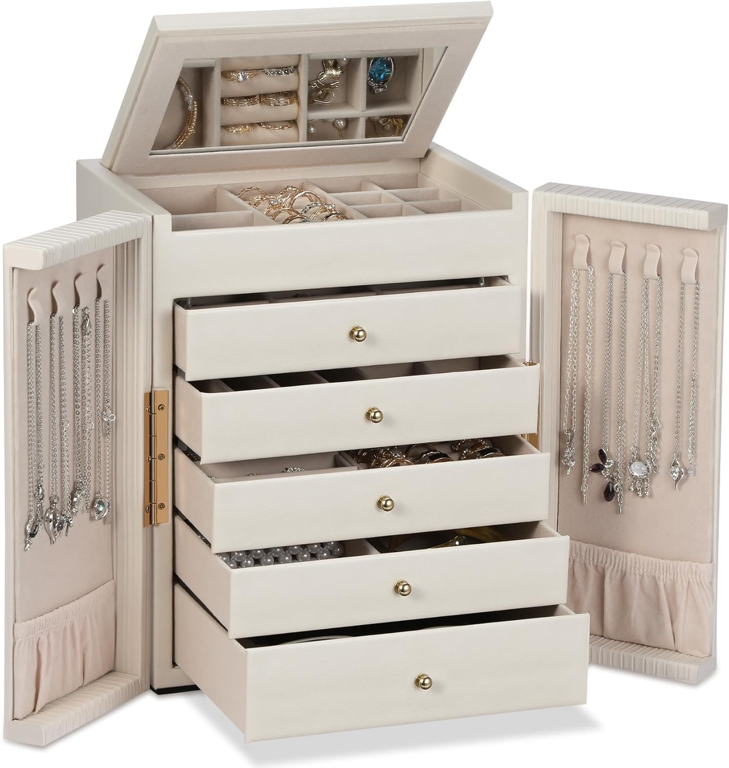 Dajasan Large Jewelry Organizer Box, Jewelry Boxes for Women Girls, 6-Tier Jewelry Storage Organizer with Mirror for Necklace Ring Bracelet Watch, Gift Idea (Beige)