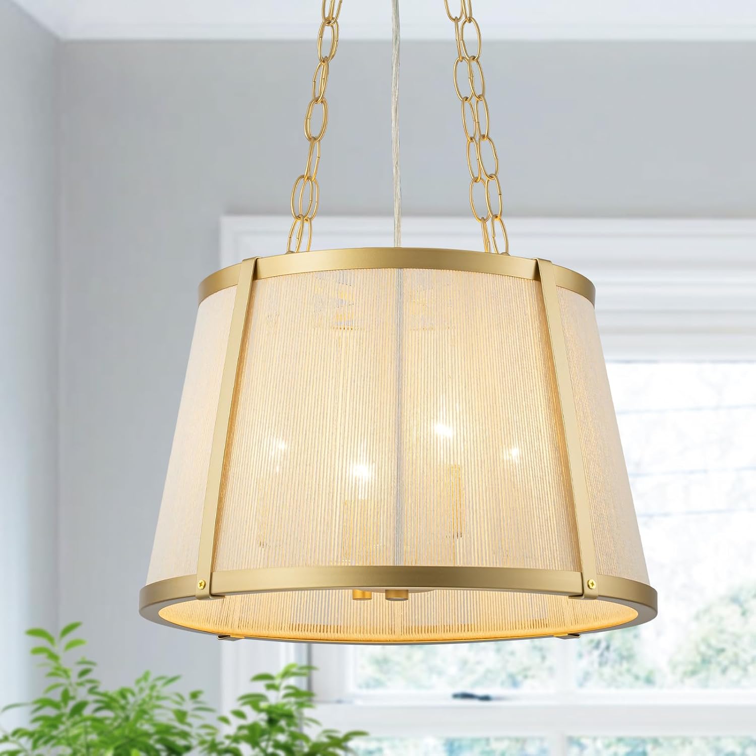 15.75" Gold Drum Pendant Light Dining Room Light Fixture, 4-Light Modern Chandelier Kitchen Island, Fabric Lighting Fixture for Living Room Foyer Entryway Bedroom, Adjustable Chain 4 chains