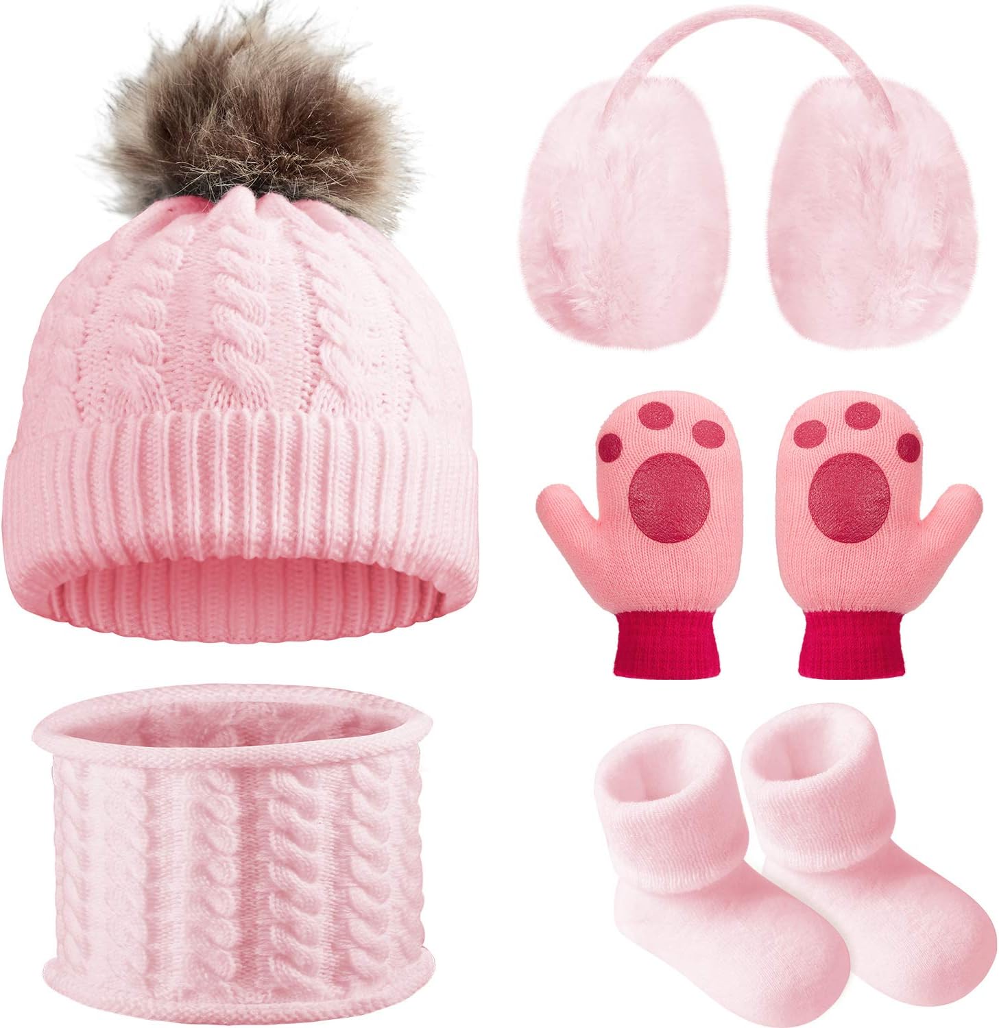 SATINIORBaby Winter Warm Knit Set of 5, Toddler Beanie Hat Scarf Earmuffs Mittens Socks, Pink, One Size