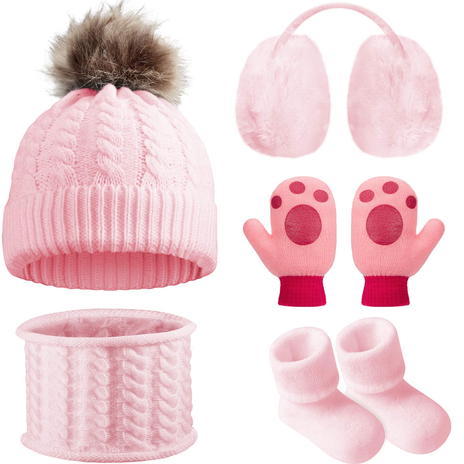 SATINIORBaby Winter Warm Knit Set of 5, Toddler Beanie Hat Scarf Earmuffs Mittens Socks, Pink, One Size