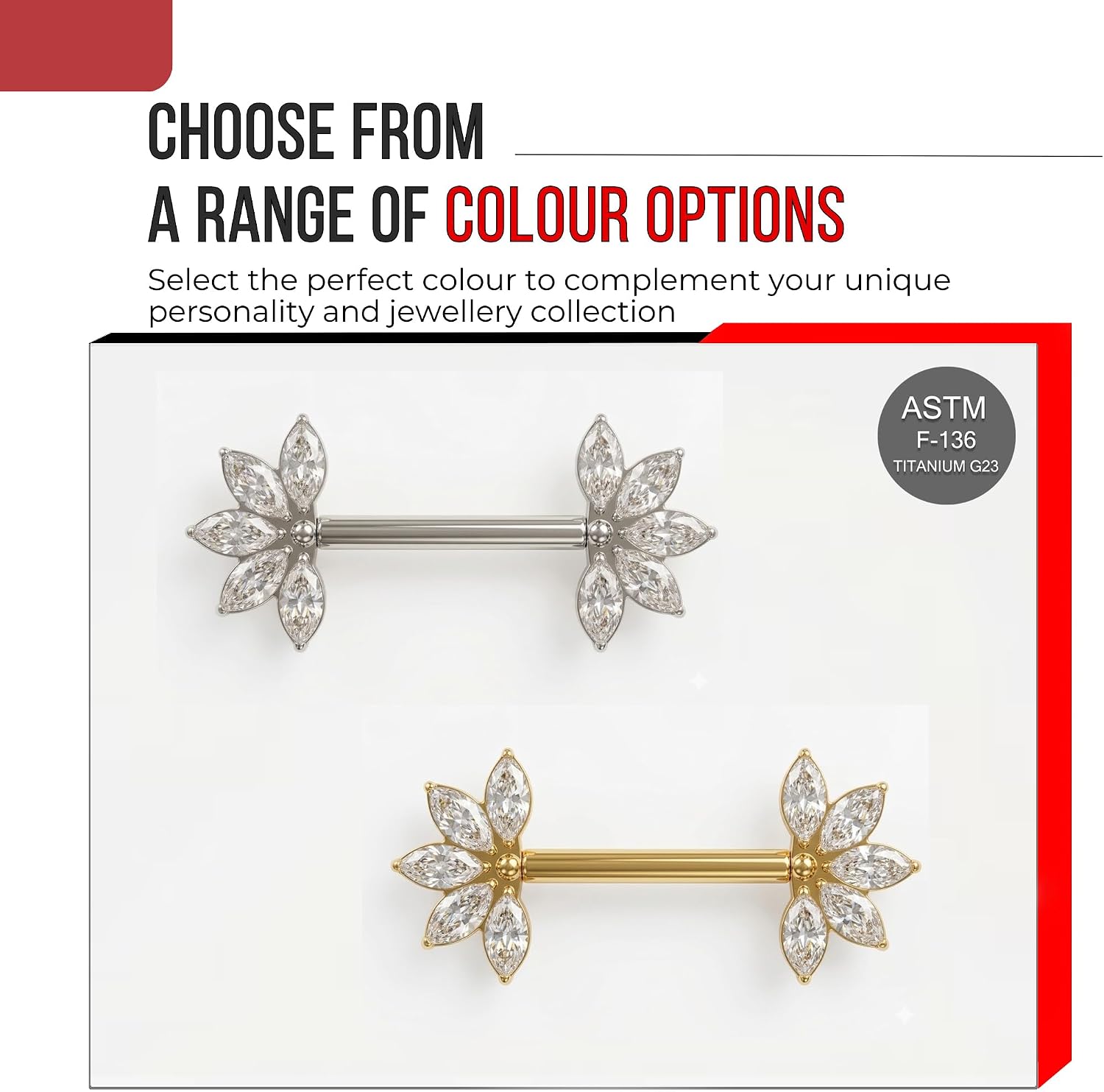 Five Marquis Cz Gemstones Flower G23 Grade Titanium 14 Gauge Straight Barbell Nipple Ring - Nipple Bar Piercing Body Jewelry