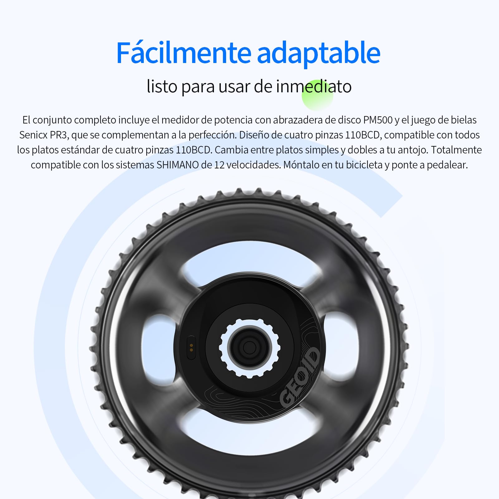 GEOID PM500 Medidor de Potencia para Bicicleta de Carretera - Cigüeñal Ligero 680g con Precisión ±1,5%, Batería 300 Horas, 110 BCD, Bluetooth/Ant+, IPX7 Impermeable