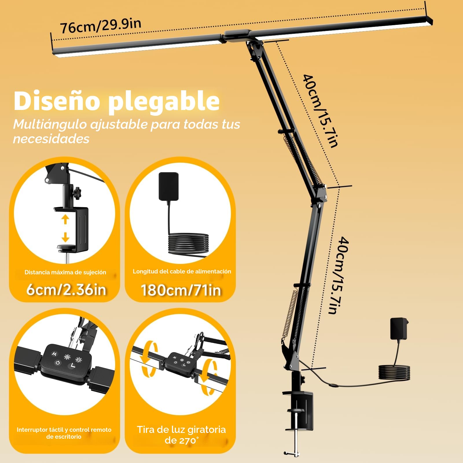 SKYLEO Lámpara LED Escritorio, ​Lámpara de Escritorio de Doble Cabezal con Clip, con Control Remoto, 2400 LM, 5 Modos de Temperatura de Color, Lámpara Escritorio Hogar, 24W, Negro