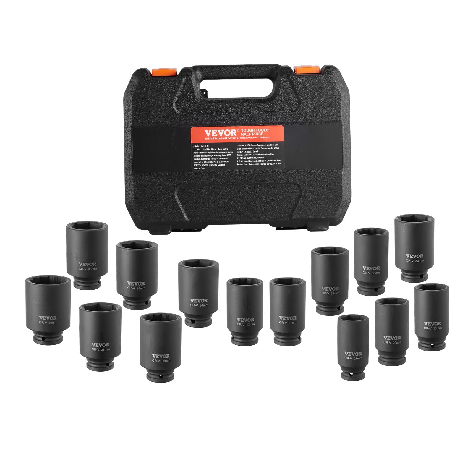 VEVOR Set di chiavi a bussola per dadi dell'asse, attacco da 1/2", profondità 6+12 punti, 14 pezzi, chiavi a bussola metriche CR-V, trattate termicamente, con custodia per riparazione, rimozione o
