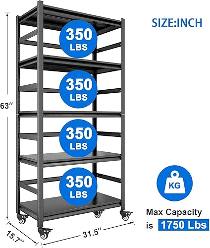 Miniatura 10 de RIDFY Estantes ajustables de cocina de 72 pulgadas de alto con estantería de metal resistente de 5 niveles, estantes de almacenamiento con ruedas