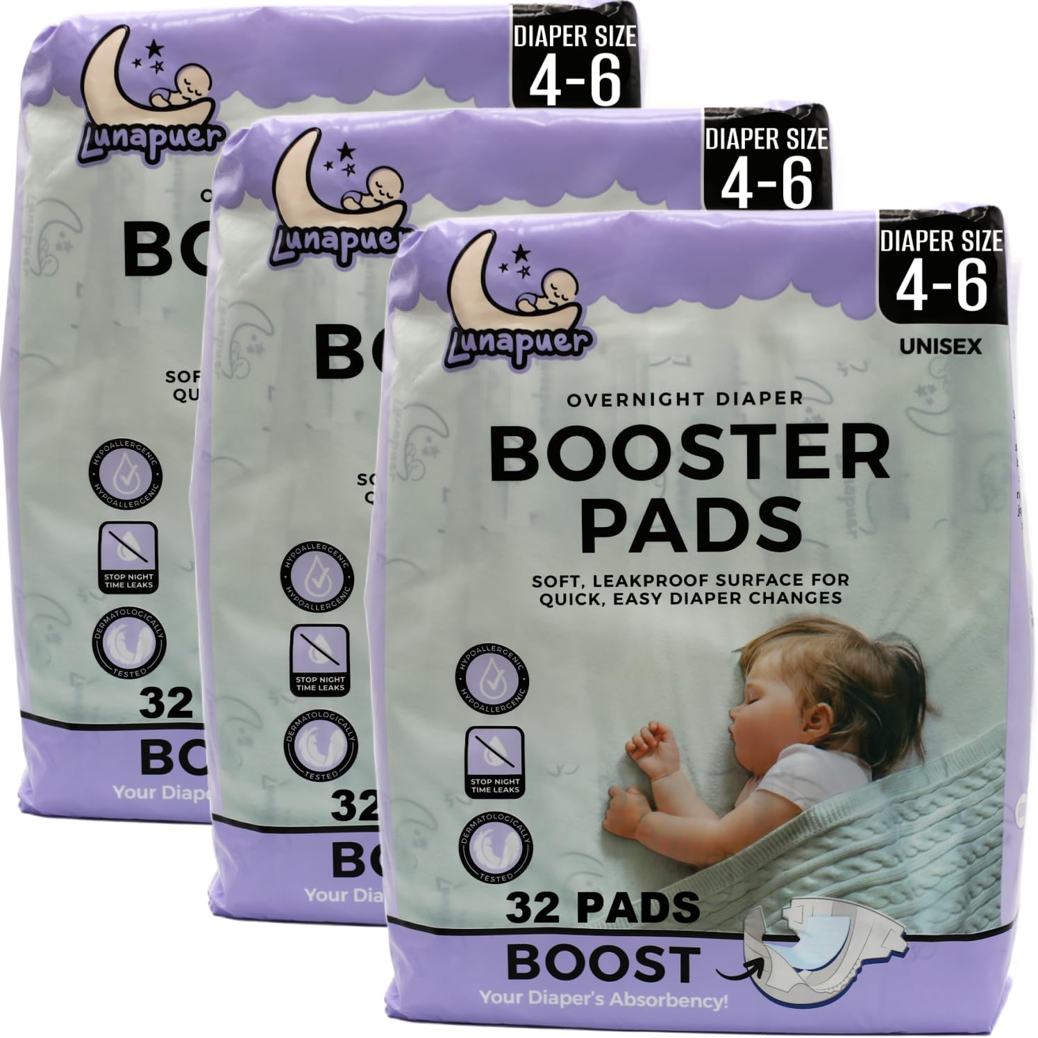 Diaper Booster Pads Overnight – Adhesive Diaper Inserts for Boys & Girls – Overnight Liners for Sizes 4–6 – Stops Leaks, Reduces Rash – Booster Pads Baby (3 Packs)
