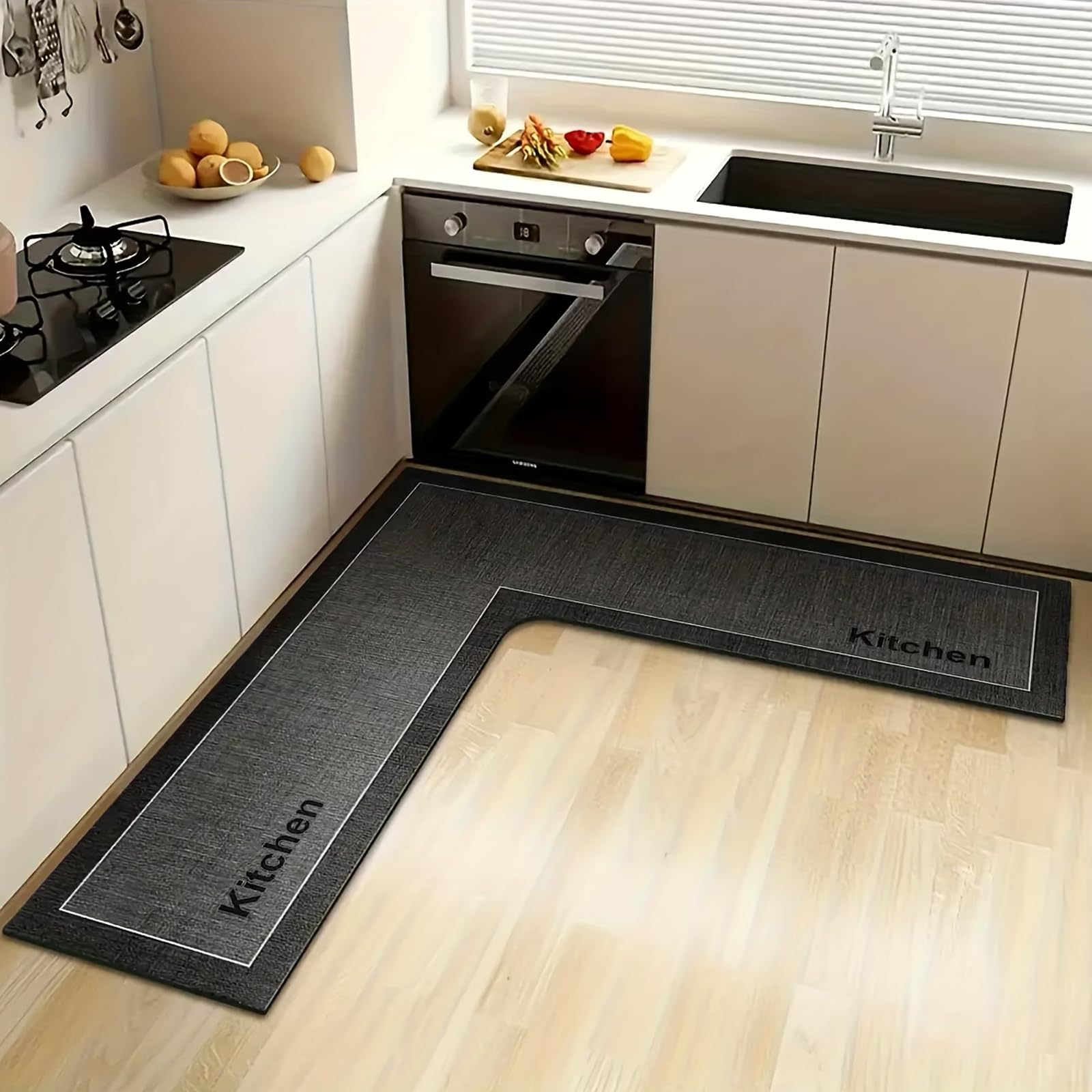 Wlian L-Shaped Kitchen Rug Mat – Non Slip Diatomite Absorbent & Quick Dry Floor Rug, Corner Runner for Sink Area, Bathroom, Laundry & Hallway, Washable Long Carpet, Dark Grey, 140x140x45cm