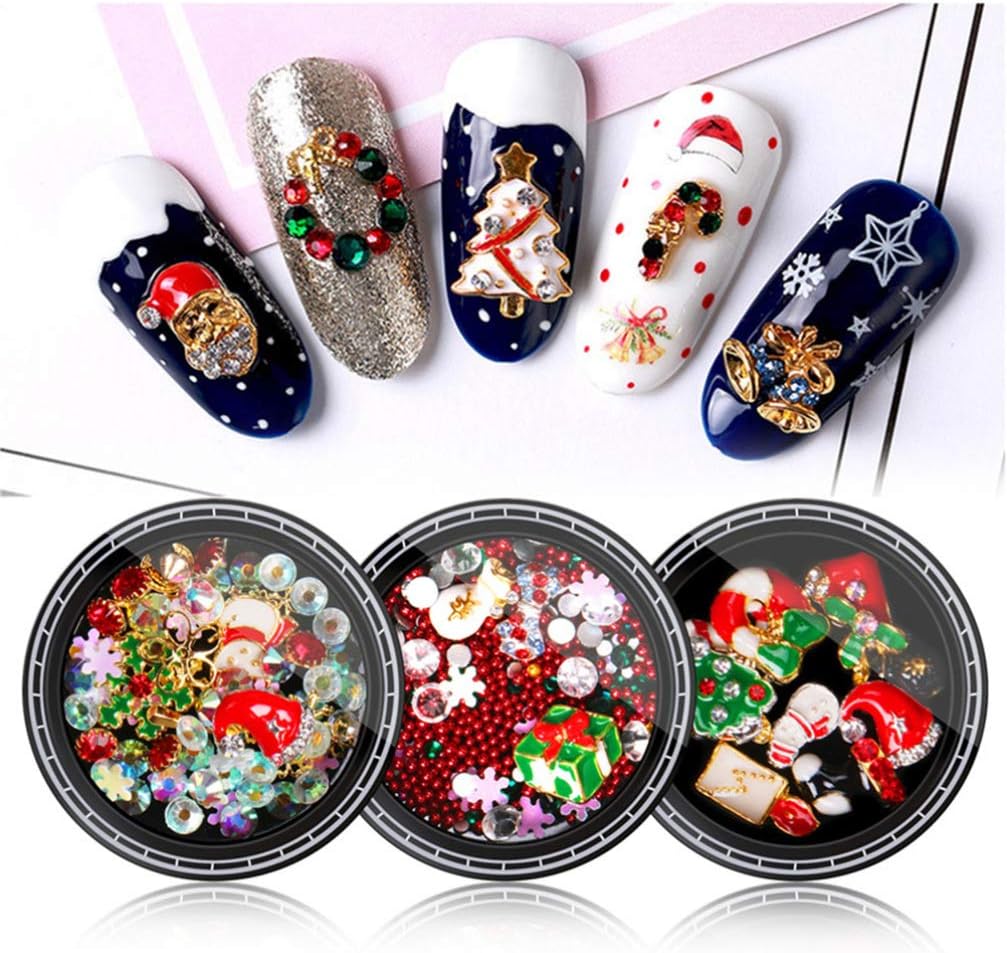 Lurrose 3D Christmas Metal Nail Studs Gems Xmas Nail Crystal Jewels Winter Holiday Nail Stickers Manicure Tips Wraps for Woman Girl Christmas Nails Art Decoration Supplies Style 3 3 Sets - Image 3