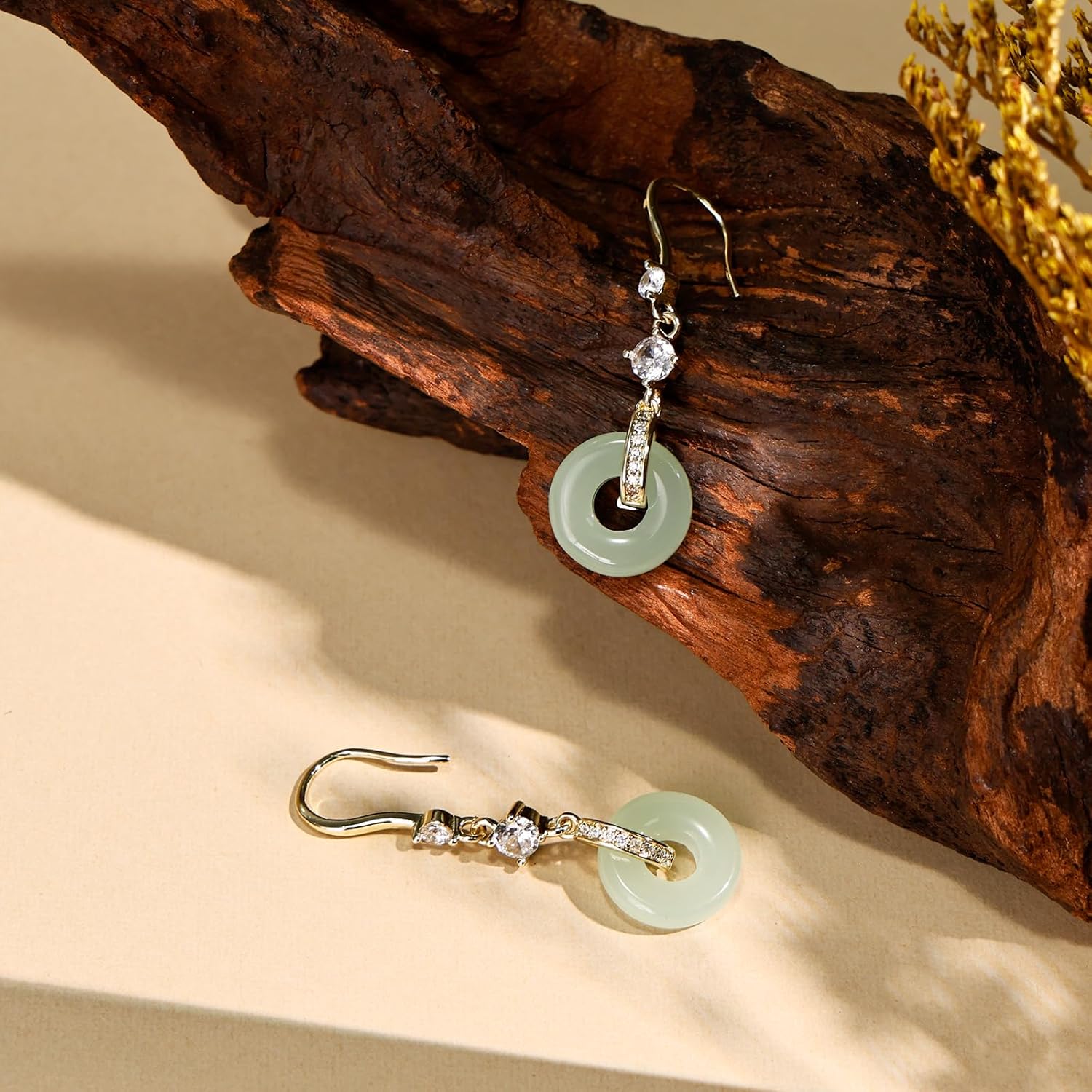 Handmade Vintage Jade Earrings for Women 14K Gold Plated Dangle Drop Earrings with Cubic Zirconia Green Jade Jewelry - Image 5