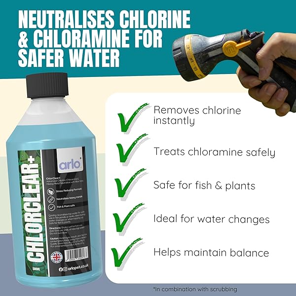 arlo. ChlorClear+ treats 13,000L Pond & Aquarium Water Conditioner 500ml | Neutralises Chlorine, Chloramine & Heavy Metals | Aloe Vera Stress Reducing Formula | Fish & Plant Safe in use