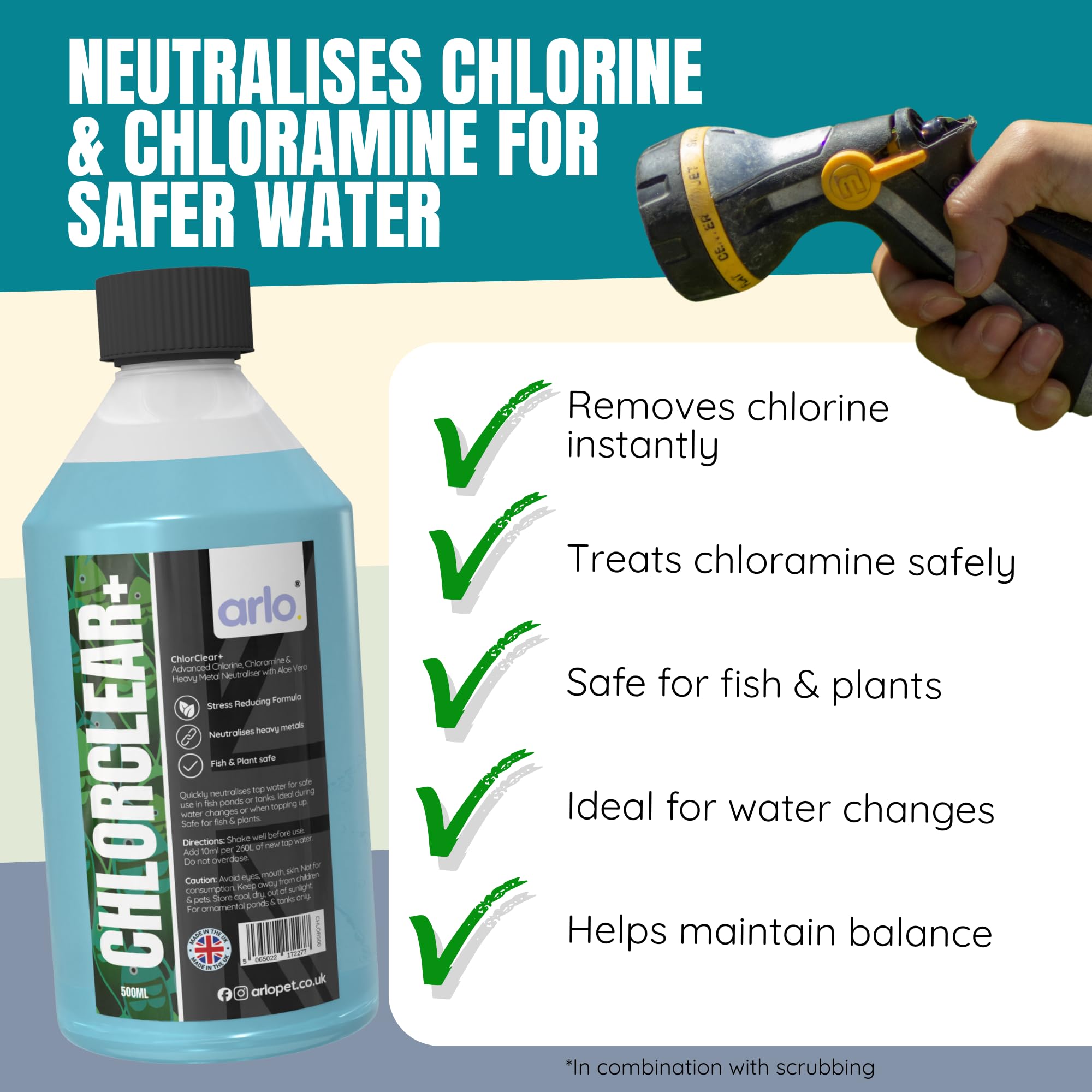 ChlorClear+ treats 13,000L Pond & Aquarium Water Conditioner 500ml | Neutralises Chlorine, Chloramine & Heavy Metals | Aloe Vera Stress Reducing Formula | Fish & Plant Safe — view 3