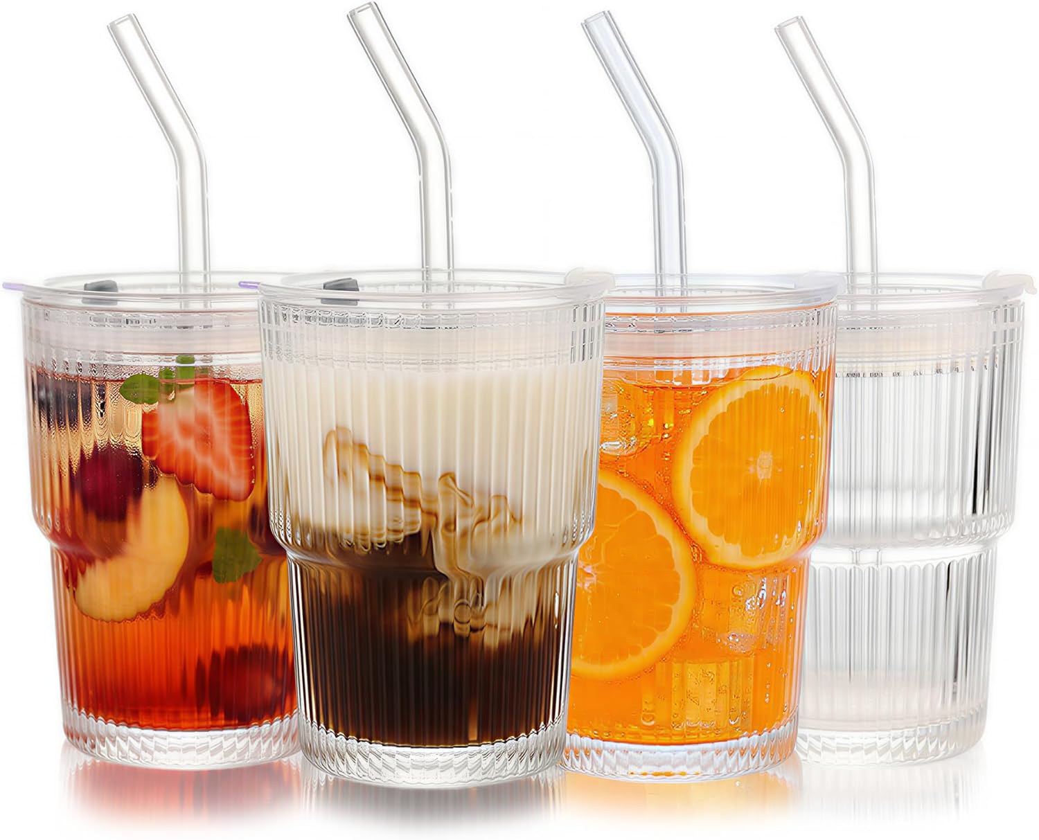 Vasos de Vidrio Ribeteados con Tapas y Sorbetes, 4 Piezas 14 oz