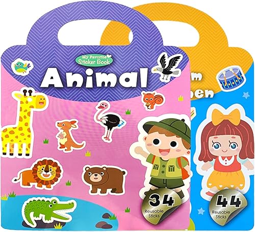Libro de calcomanías reutilizables para niños de 2 a 6 años, 2 juegos de calcomanías de actividades de aprendizaje preescolar para niños pequeños y