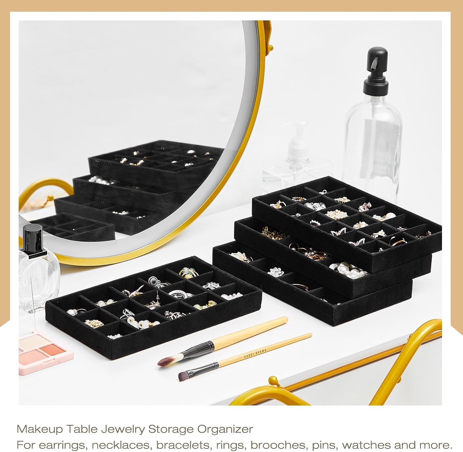 Junkin 12 Pcs Jewelry Tray Velvet Stackable Jewelry Organizer Trays Divided Earring Accessories Storage Containers Box (Rose Red) - Image 4