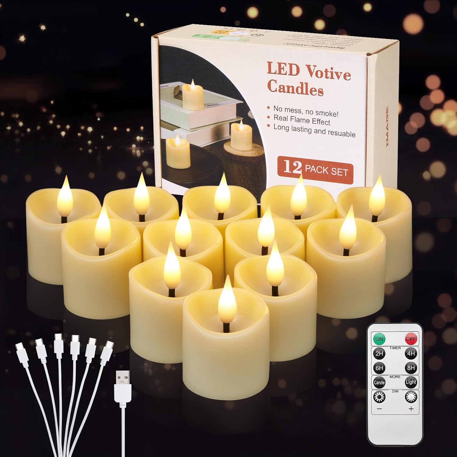 IMAGE 12-Pack Rechargeable Tea Lights Candles with Timer & Remote, Realistic 3D Flickering LED Votive Candles Realistic 3D Flickering LED Votive Candles Fall Wedding Table Centerpieces(2.1”x 1.5”)
