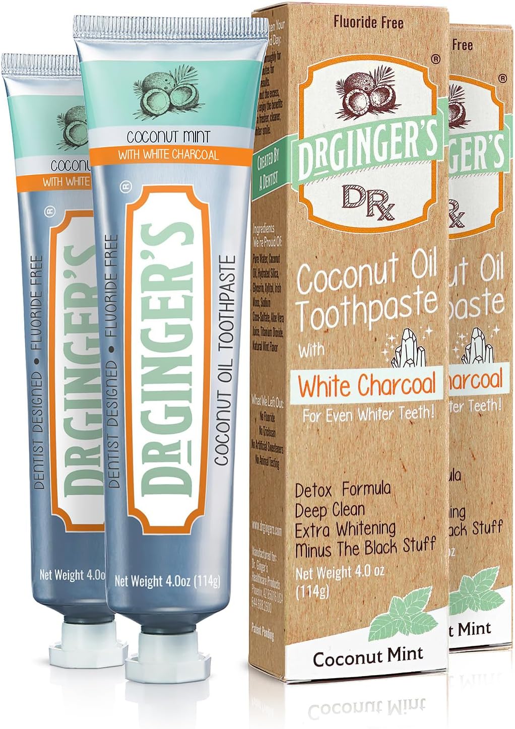 Dr. Ginger's Coconut Oil Toothpaste with White Charcoal, Fluoride Free, Coconut Mint, Organic Coconut Oil + Xylitol, Extra Whitening Power, Sensitive Teeth Friendly, 4 oz, 2 Pack