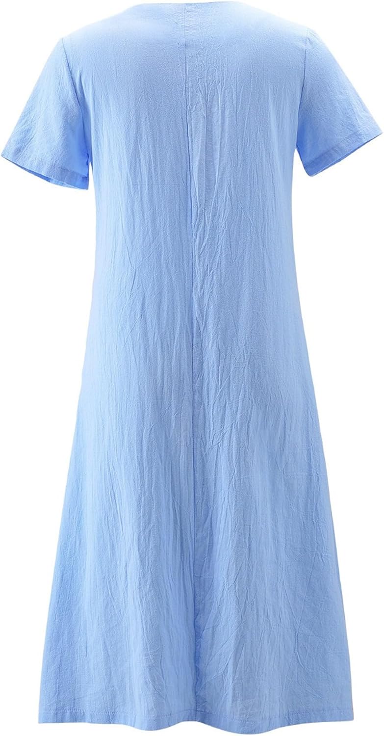 Women's Plus Size Solid Maxi Dress Short Sleeve Cotton Loose Long Summer Dresses with Pockets