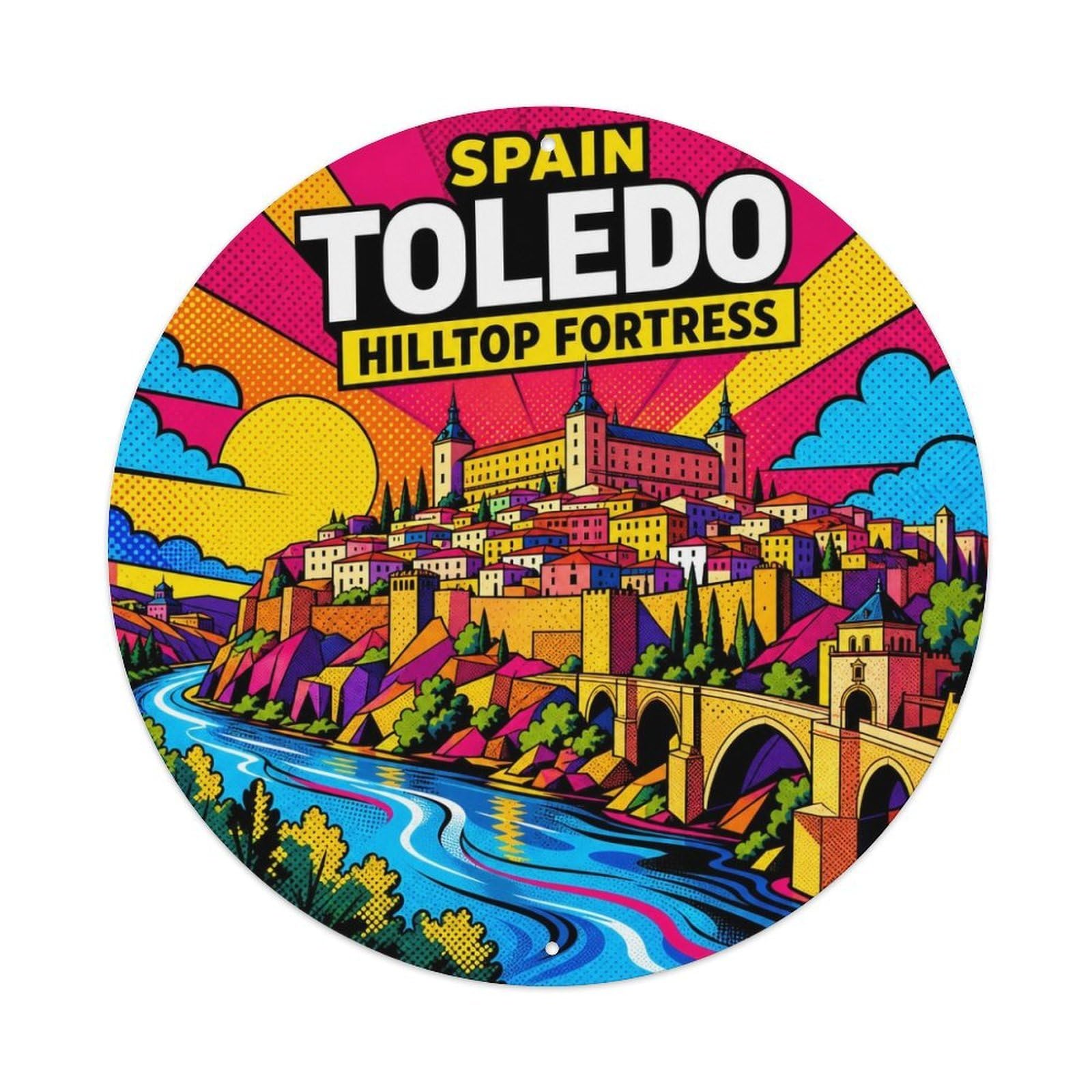 Spain Toledo Hilltop Fortress Bold Color City Landmark Metal Tin Sign Plaque Wall Decor for Cafe, Man Cave, Club Bar, Office, Home Garden Round Metal Poster 8x8Inch