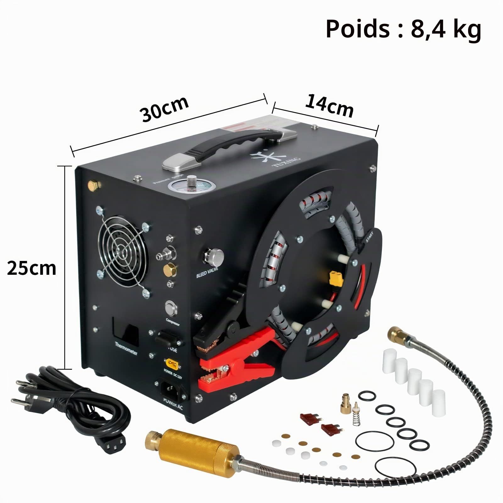 TUXING Compresseur d'air 4500Psi Pcp,convertisseur intégré,arrêt automatique,sans huile ni eau,design unique vertical + bobine de fil portable,alimenté par 12V DC ou 220V AC pour Paintball/Scuba Tank