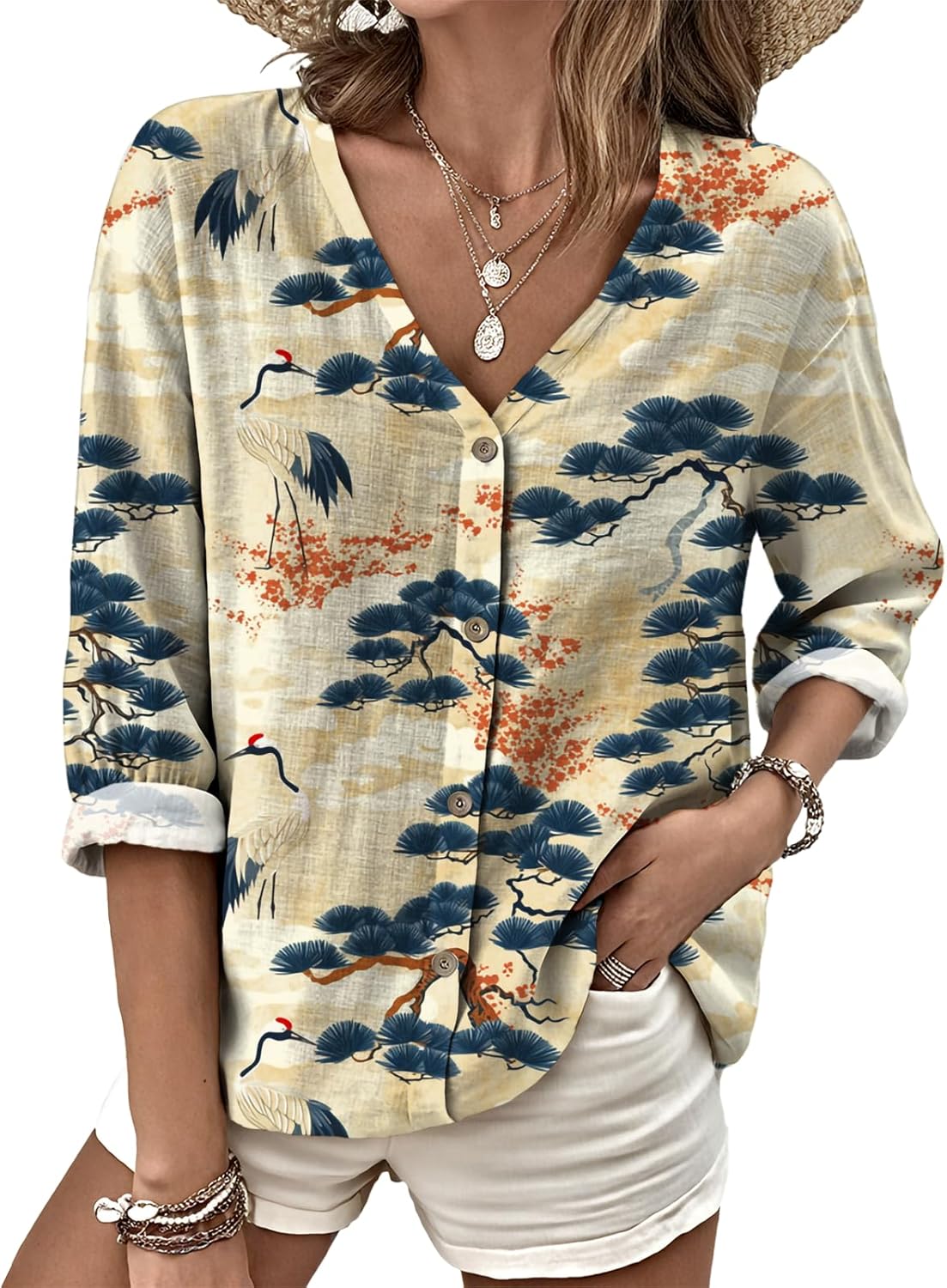 domirica Boho Floral Blouses for Women Oversized Button Shirts for Women Long Sleeve Top Summer Casual Clothes 2025