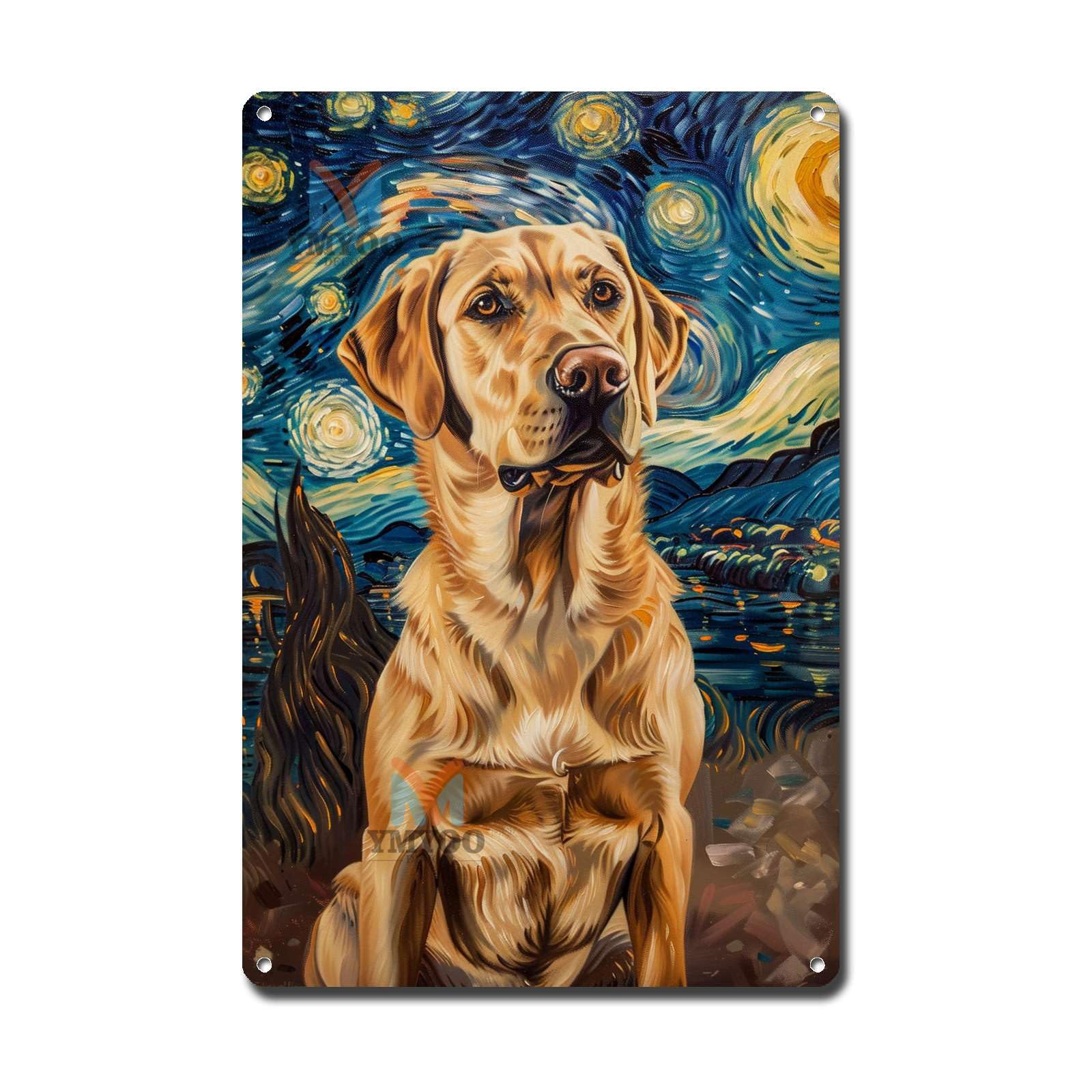 Ymyoo Metal Sign Tin Sign Vintage Wall Art Labrador Retriever Starry Night Labrador Golden Retriever in Night for Home Beach and Seasonal Celebrations Rustproof Aluminum 12×16 Inches