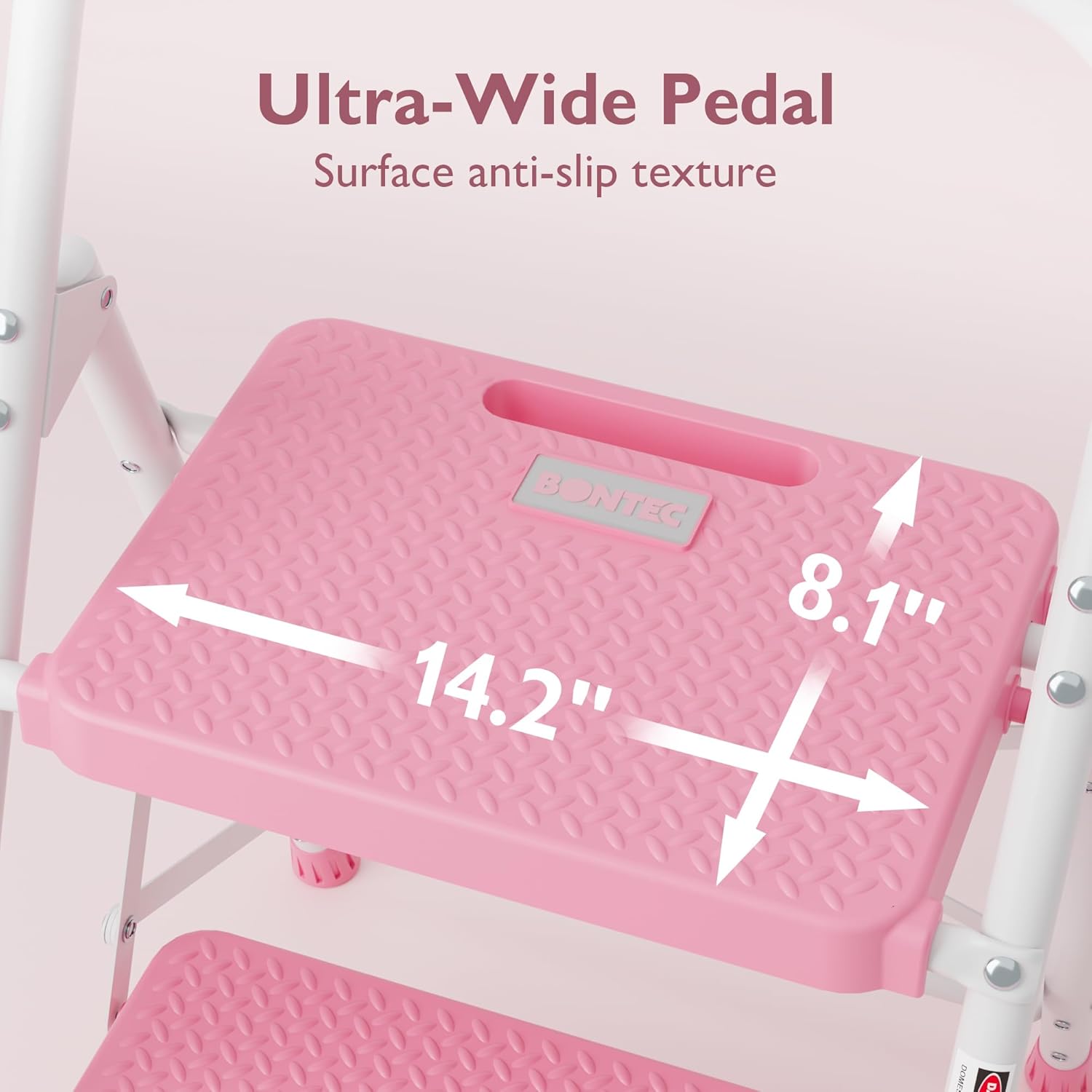 bontec 2-step ladder, folding step stool, 600lbs max load capacity, sturdy steel, non-slip pedals, lightweight, portable steel ladder with convenient handrail, safety design for home & work, pink 2-step, 600lbs max load pink