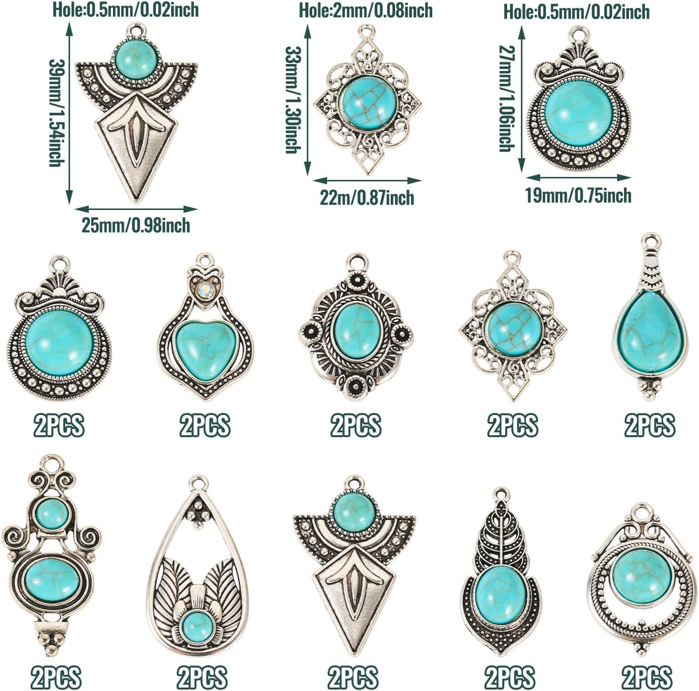 Craftdady Tibetan Turquoise Necklace Pendants Cattle Head Flower Rhombus Oval Teardrop Heart Flat Round Earring Charms Alloy Vintage Turquoise Bracelet Keychain Charms for DIY Jewelry Making - Image 4