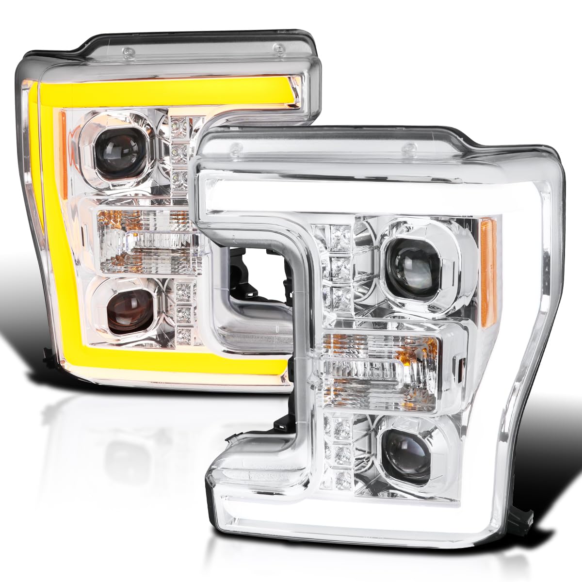 SPEC-D TUNING Chrome Projector Headlights w/Switchback LED Turn Signal Compatible with 2017-2019 Ford F-250, F-350, F-450, F-550 Super Duty, Left +