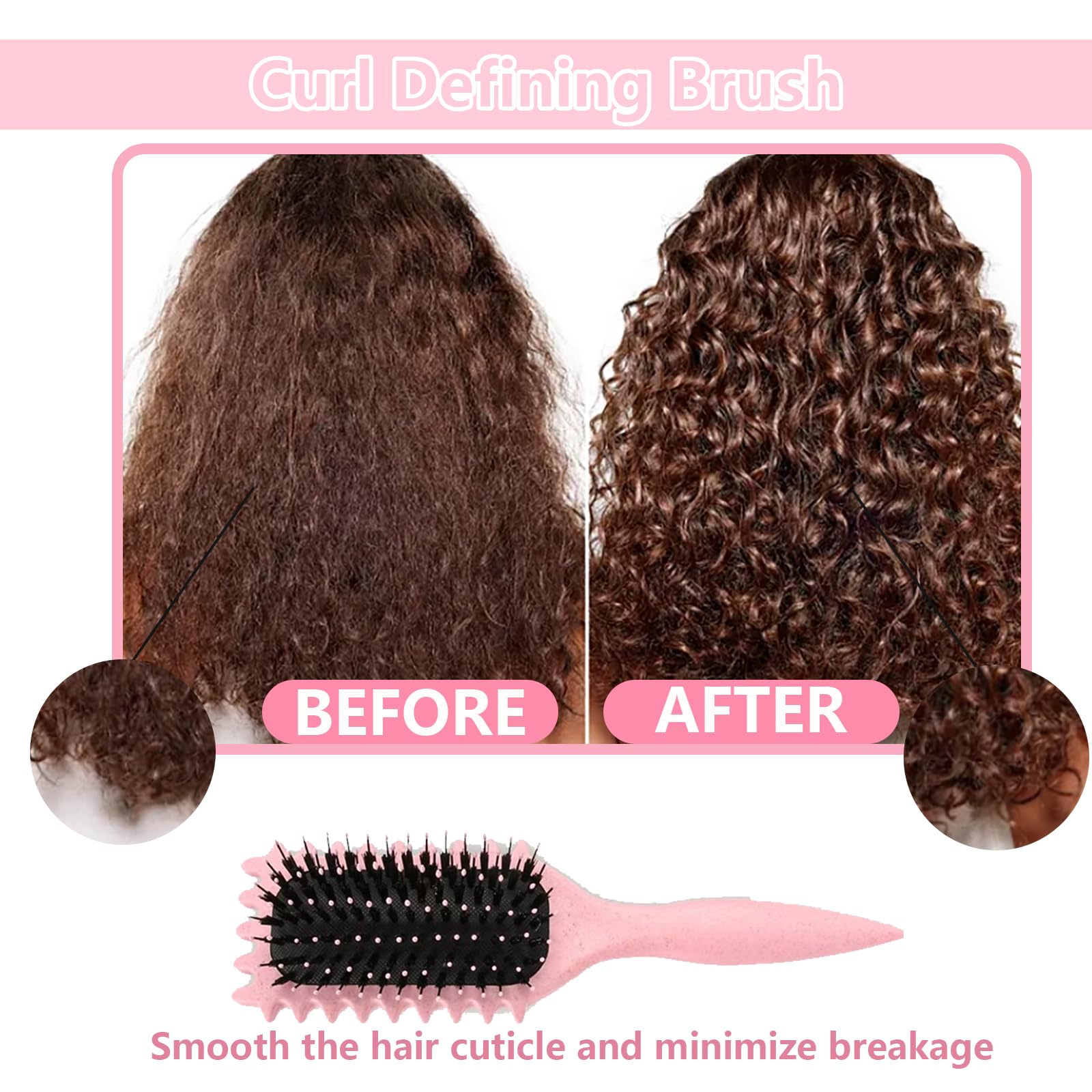 Cepillo Defnidor de Rizos Profesional, Cepillo Curly para Formar y Definir Rulos, Reduce Tirón, Frizz y Separación - Bordes Suaves - Unisex (Rosa, 24cm)