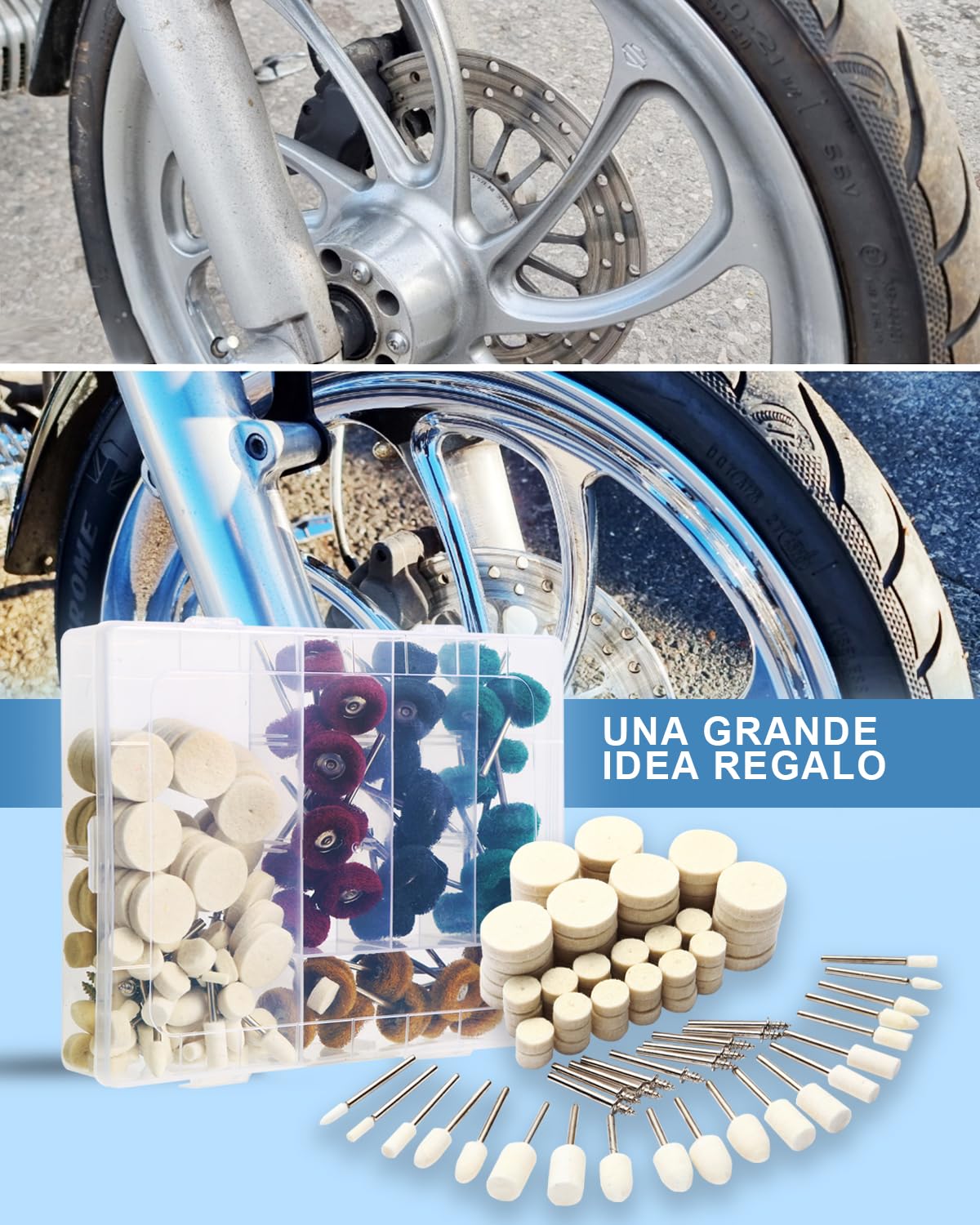 140 Pezzi Accessori per Dremel Elettrico Lucidatura, Ruota in Lana 3mm per la lucidatura metallo Metallo, Vetro, Gioielli, Kit Utensile Rotante Completo