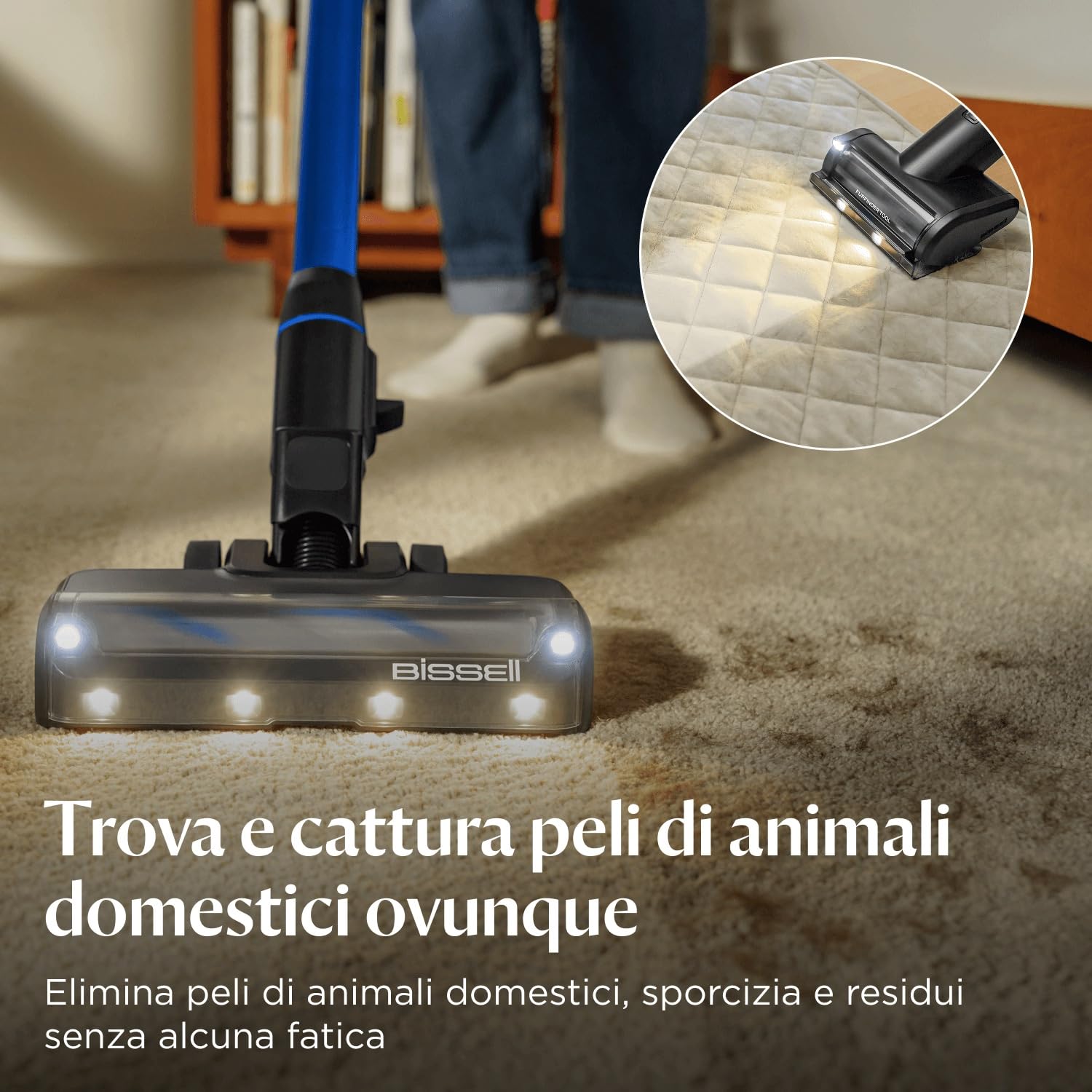 BISSELL PowerClean FurFinder, Aspirapolvere Senza Fili, Motore 200W, Faretti FurFinder, Spazzola Anti-groviglio, Scopa Elettrica, Autoportante, Filtro HEPA, 2000 mAh Batteria Rimovibile, 40 min, 4089N