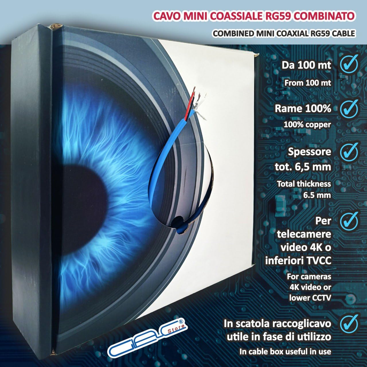 Cavo Coassiale Mini RG59, 100m, Video e Alimentazione Combinato, 75 Ohm, 4K Ultra HD, LSZH Blu