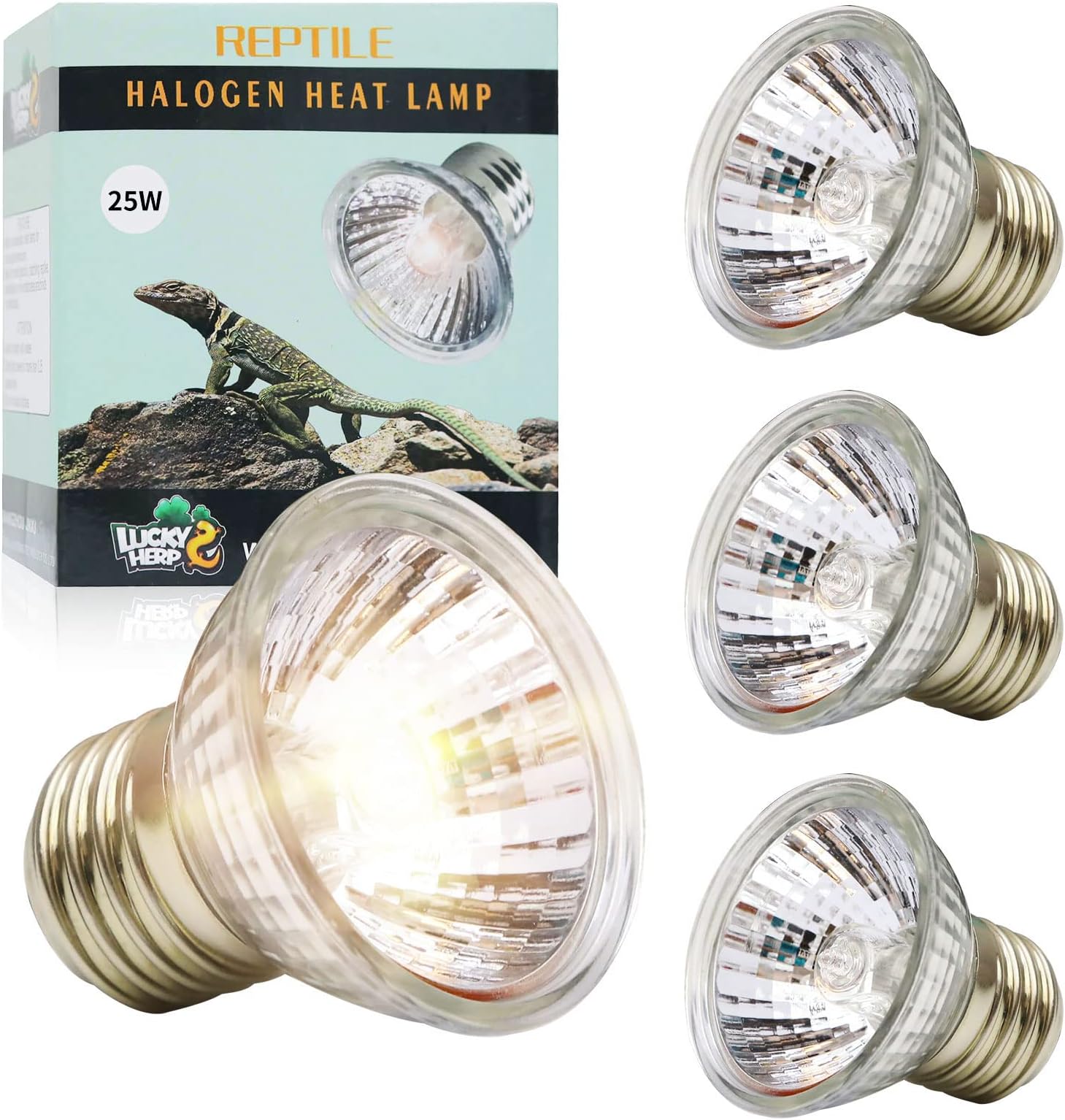 LUCKY HERP Reptile Heat Lamp Bulb 25W 4Pack, UVA UVB Basking Lamp Bulb for Tortoise, E27 Halogen Heat Light for Turtle, Lizard, Bearded Dragon