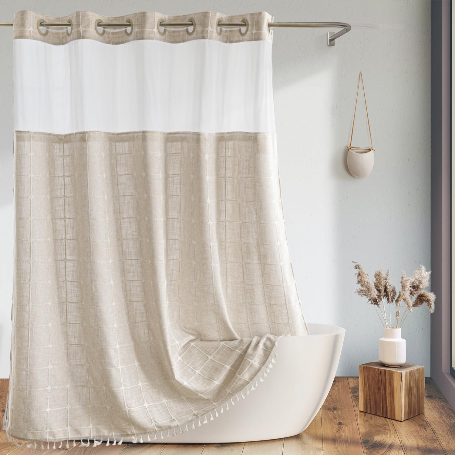 Farmhouse Shower Curtain with Snap-in Liner,No Hooks Needed, Fabric Shower Curtains with Tassels for Rustic Bathroom Decor,with Window,with Magnets,Water Repellent&Machine Washable,Linen,71x98Inch Farmhouse Shower Curtain with Snap-in Liner,No Hooks Needed, Fabric Shower Curtains with Tassels for Rustic Bathroom Decor,with Window,with Magnets,Water Repellent&Machine Washable,Linen,71x98Inch