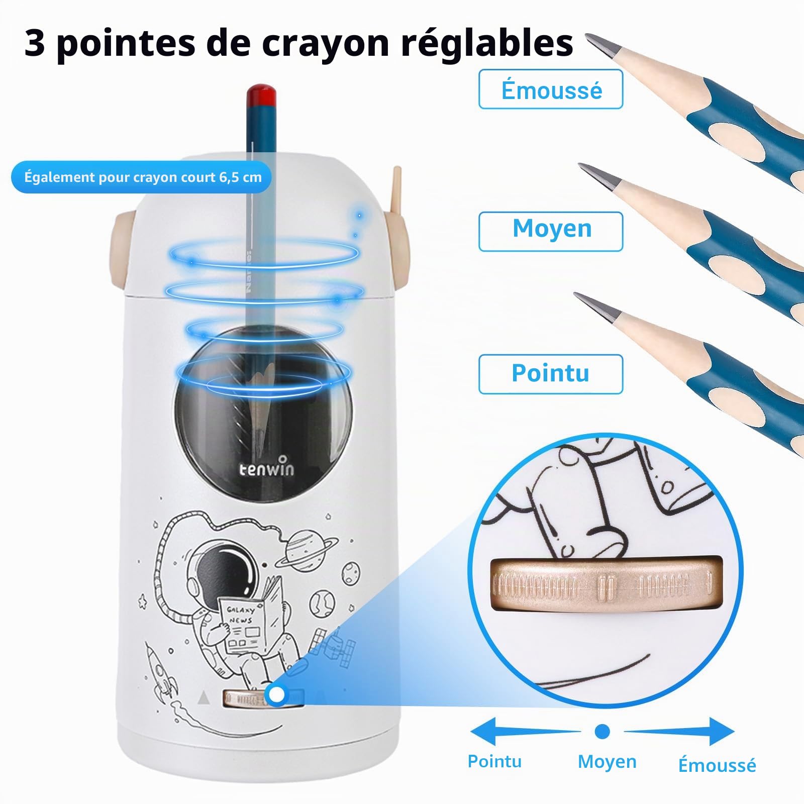 tenwin Taille-crayon électrique rechargeable entièrement automatique, adapté aux crayons de 7 à 11,5 mm ＆ crayons de couleur, portable et sûr pour les la maison, le bureau, l'école (Argent)