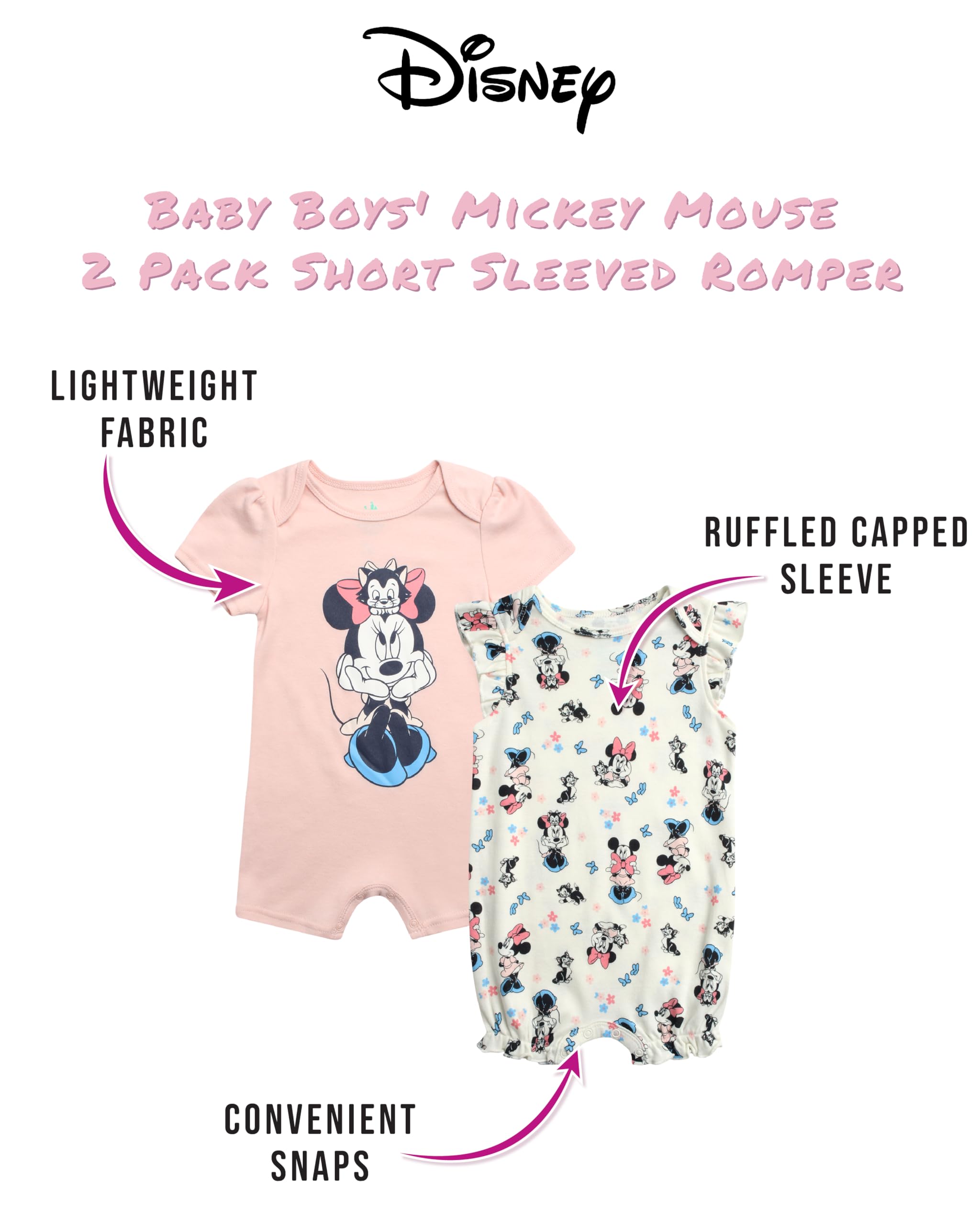Disney Baby-Strampler mit Rüschenärmeln Minnie (Neugeborene/Baby), Pfirsich/Minnie-Creme, 6-9 Monate, 2 Stück, Pfirsich/Minnie Creme, 6-9 Monate