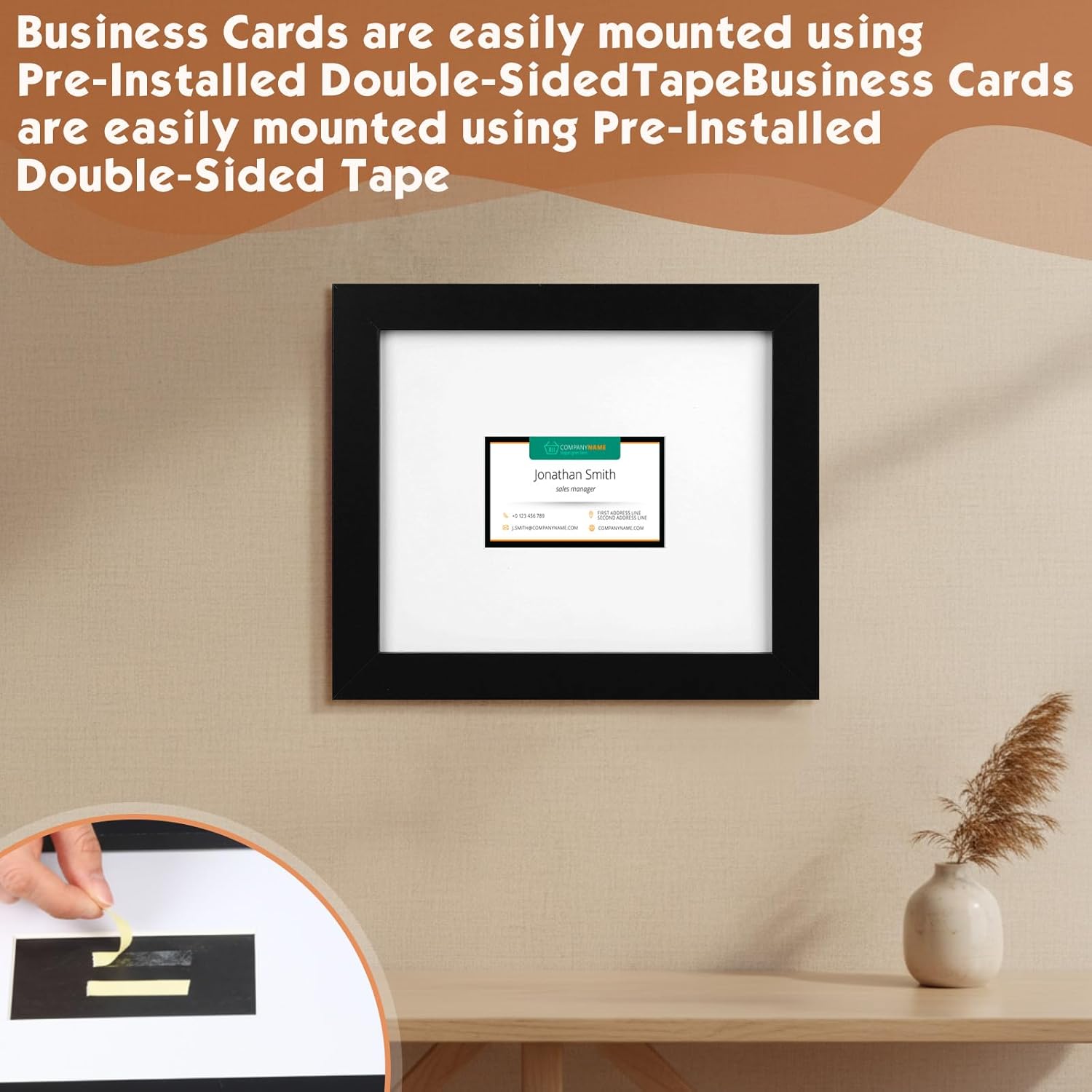 Business Card Display Frame Black Picture Frames White Mat, MDF Frame, Easel and Installed Wall Hanger