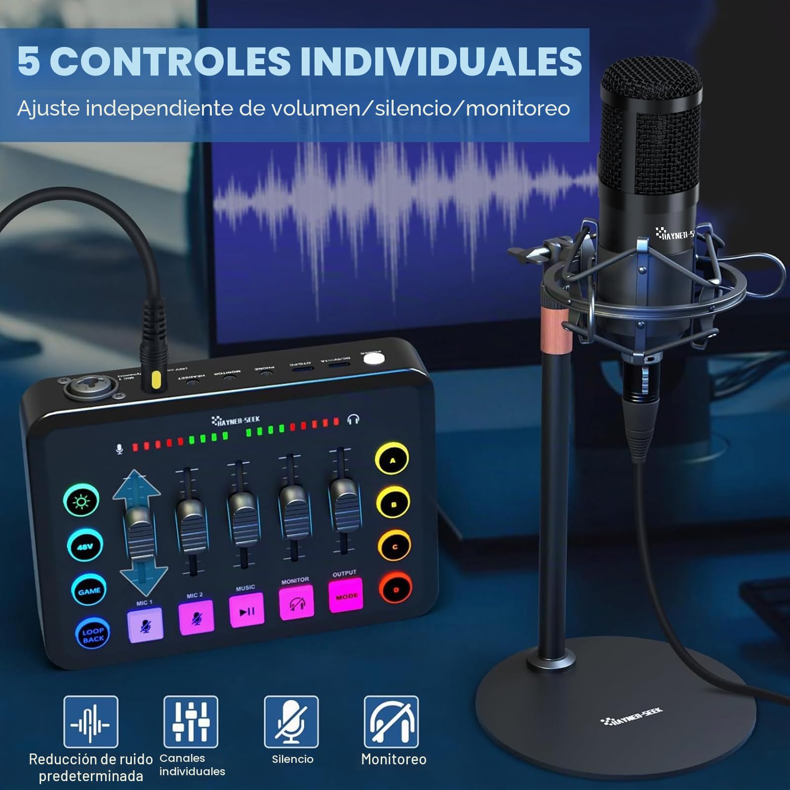 Paquete de equipos de podcast - MHS124 - Interfaz de audio MIDI - 5 canales - USB - Minimalista - Kit de podcast todo en uno para transmisión en vivo