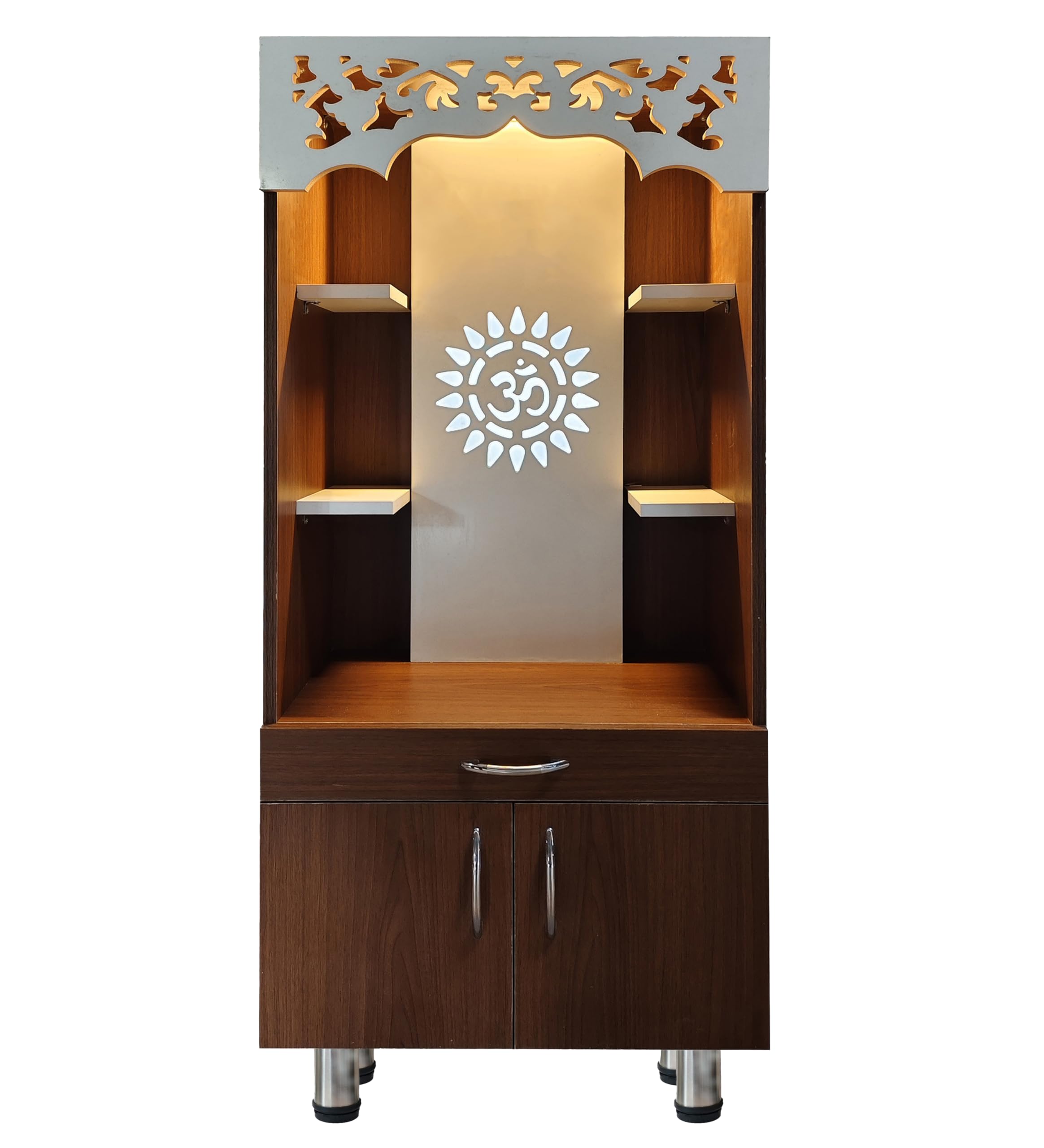 Alpine Willow Premium Temple for Home (Pre-Assembled) Pooja Mandir for Home I Devghar I Puja Ghar I Corian Design Wooden Temple (Walnut & White, 130 X 60 X 35 CM)