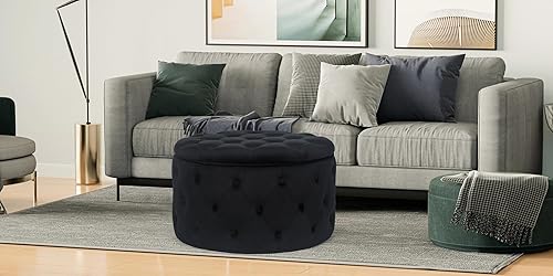 Miniatura 48 de Joveco Otomana redonda de almacenamiento, otomana tapizada con botones y parte superior extraíble, banco de almacenamiento, mesa auxiliar, Negro,