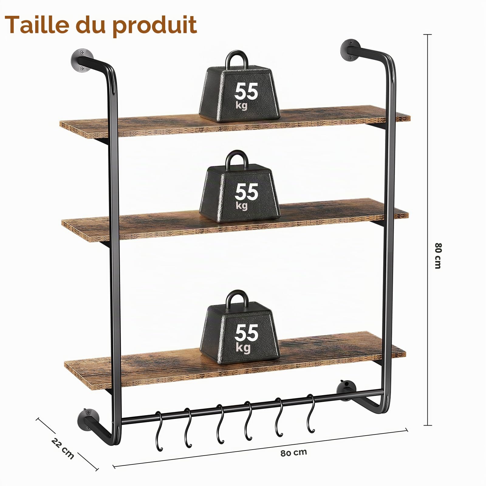 Étagères à Tuyaux à 3 Niveaux, Étagères à Livres Murale, Étagère Flottante 31,5" avec Porte-Serviettes et 6 Crochets, Support Murale Vintage pour Salon, Chambre à Coucher, Cuisine, Noir Brun
