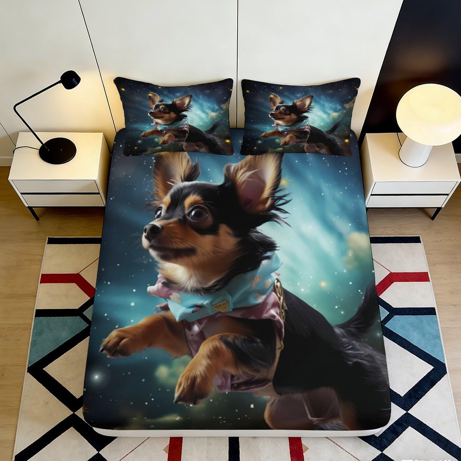3D Printed Cute Chihuahua Dog Fitted Sheet Microfiber Soft Breathable Starry Sky Bed Cover for Bedroom Dorm Mattress Decor 120x200x25cm