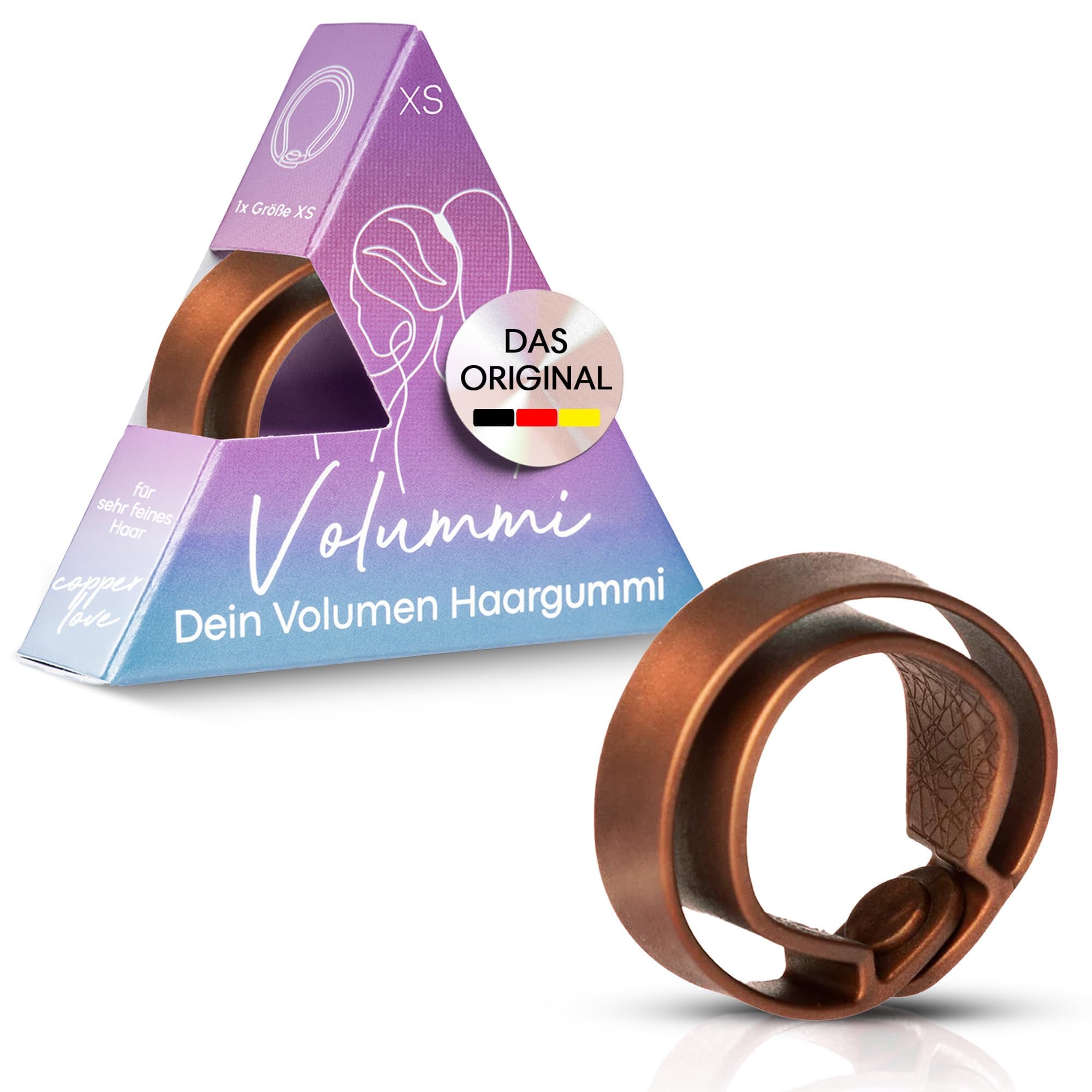 Volummi Haargummi – Innovativer Zopfgummi für sichtbar mehr Volumen im Pferdeschwanz – Starker Halt & schonend für Haare – Das Original Made in Germany [Copper Love XS für sehr dünnes Haar]