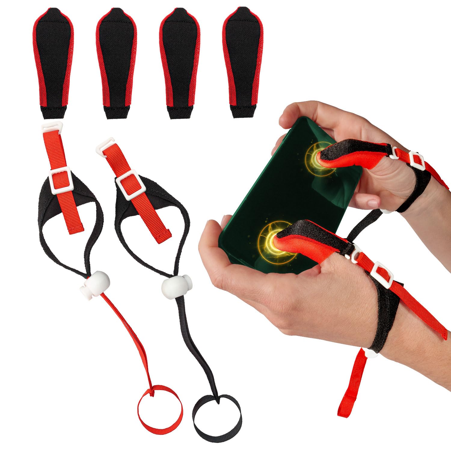 | 4 Finger Sleeve for Mobile Gaming with 2 Adjustment Wristband | Thumb Sleeve Mobile Gaming | Gaming Finger Gloves | Gaming Thimbles Pubg Mobile | Finger Cover (Both Hands Set)