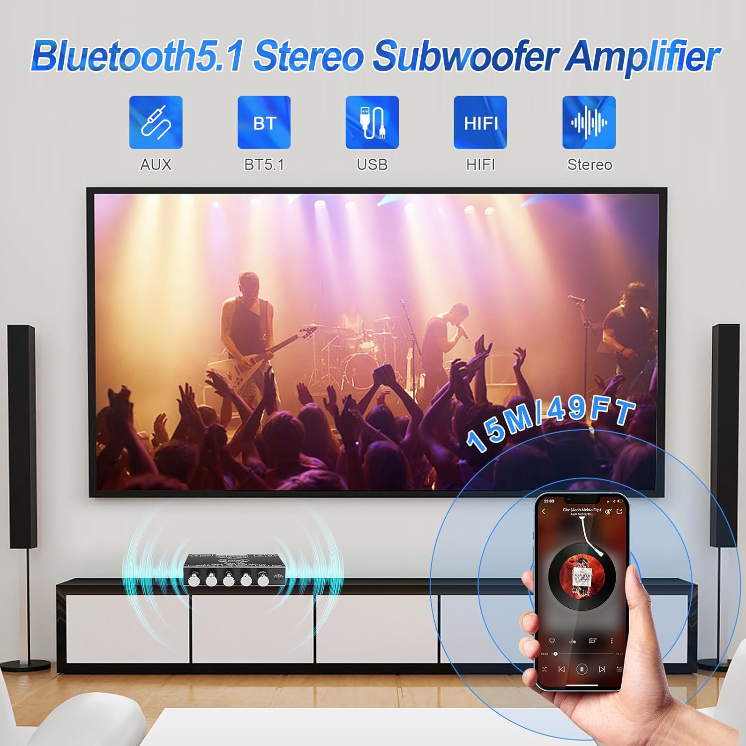 Bluetooth 5.1 Audio Amplifier Board, ZK-AS21 2.1 CH 220W x 2 + 350W HiFi Subwoofer Power Amp Mini Digital Audio Amp Module for Home Speakers(30-220W, 3-8Ohms), DC 16-38V, BT USB AUX Input