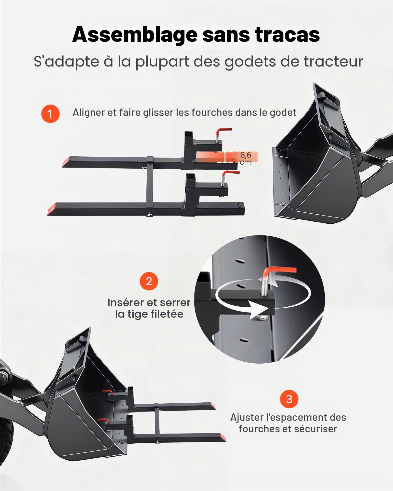 VEVOR Fourches à Palettes à Pince Charge 907 kg Fourches à Godet Longueur Totale 109 cm avec Barre Stabilisatrice Réglable 50-91,5 cm, Compatible avec Godet de Chargeuses Compactes Tracteurs, Noir