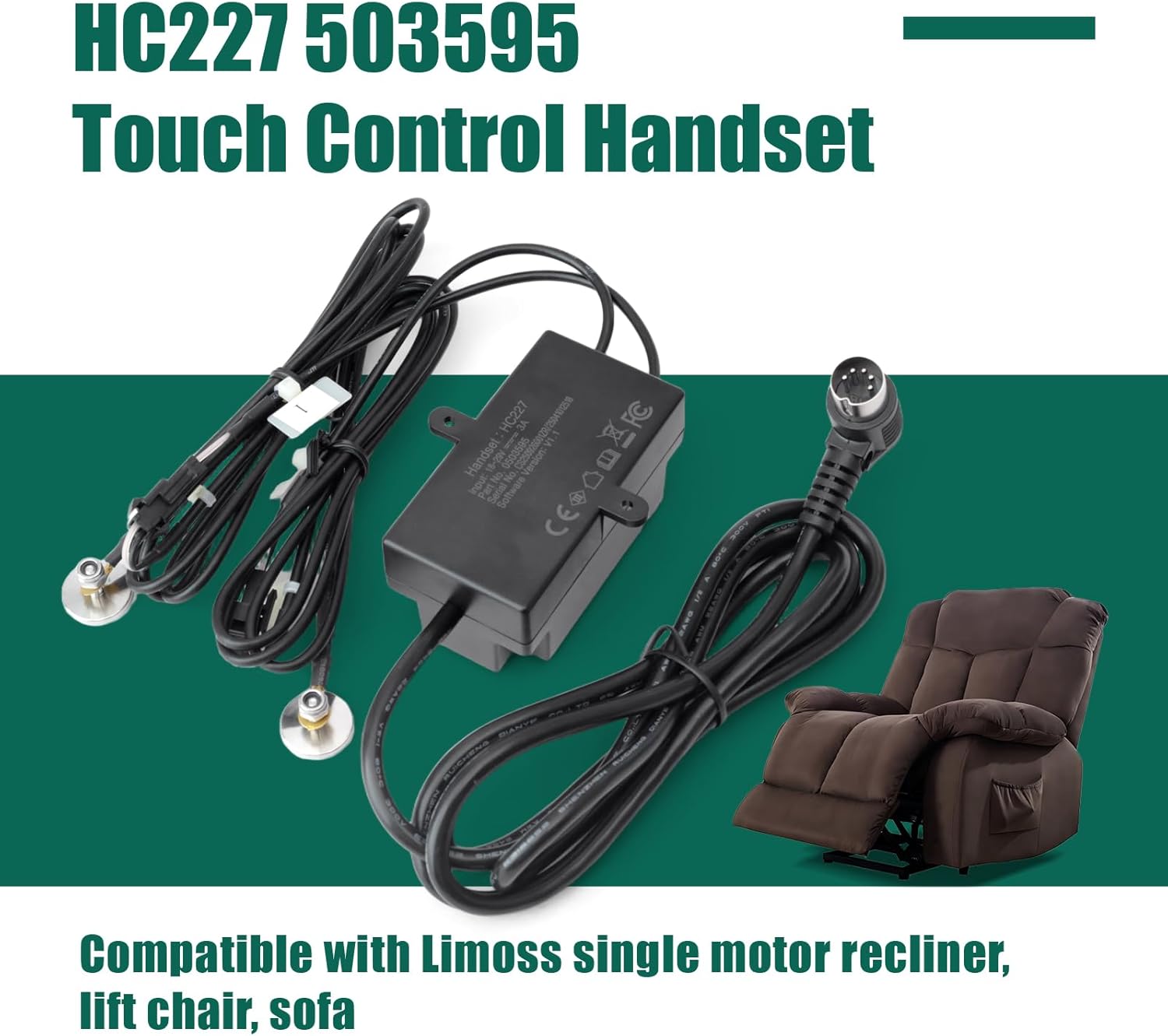 YUXIVCNE HC227 503595 2 Function Key Touch Control Handset Kit Compatible with Limoss Recliner Lift Chair Sofa, w/Junction Box 2 Function Keys Raise/Recline 5-Pin Plug
