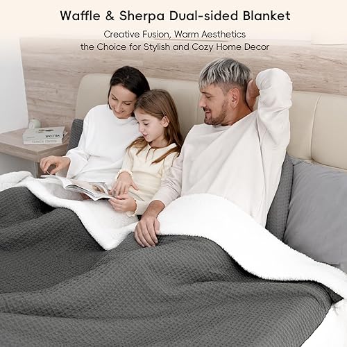 Miniatura 8 de PHF Manta Sherpa de punto gofre, tamaño individual, 60 x 80 pulgadas, manta de forro polar de franela de felpa de lujo para invierno, no se