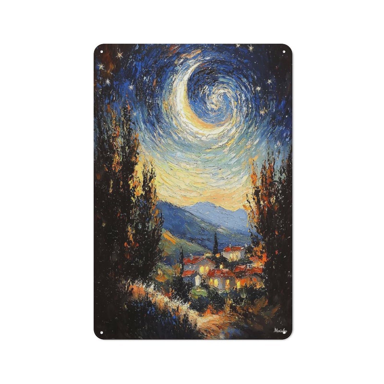 Junmoney Impressionist Inspired Starry Night Retro Tin Sign 30X20cm For Home Office Or Studio, Suited To Home Office Decor Fans