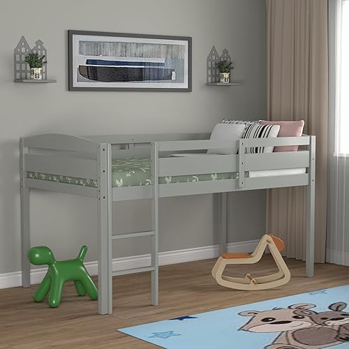 Miniatura 7 de Costzon Cama alta tamaño individual, cama baja de madera maciza con barandilla de protección y escalera, cama individual para niños y niñas, no